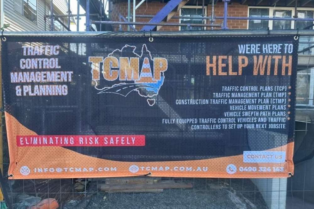 Construction sites TC MAP professional banner detailing traffic management plans, TGS, and CTMP services